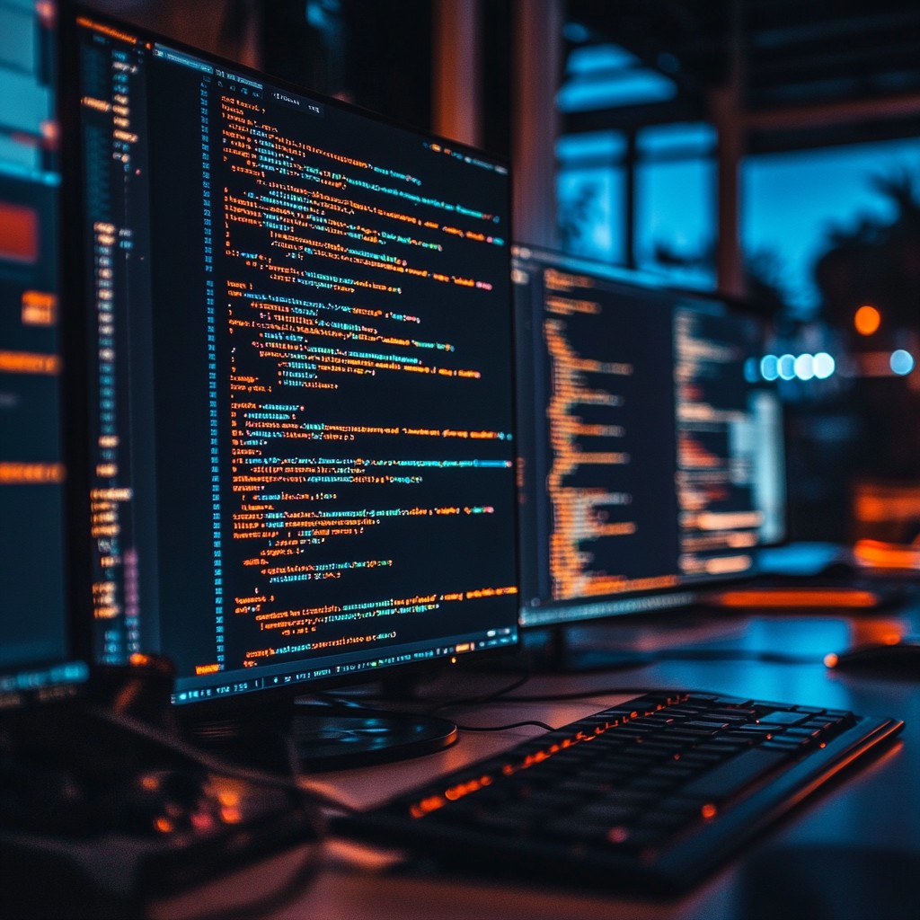 Developer coding late at night between multiple glowing monitors